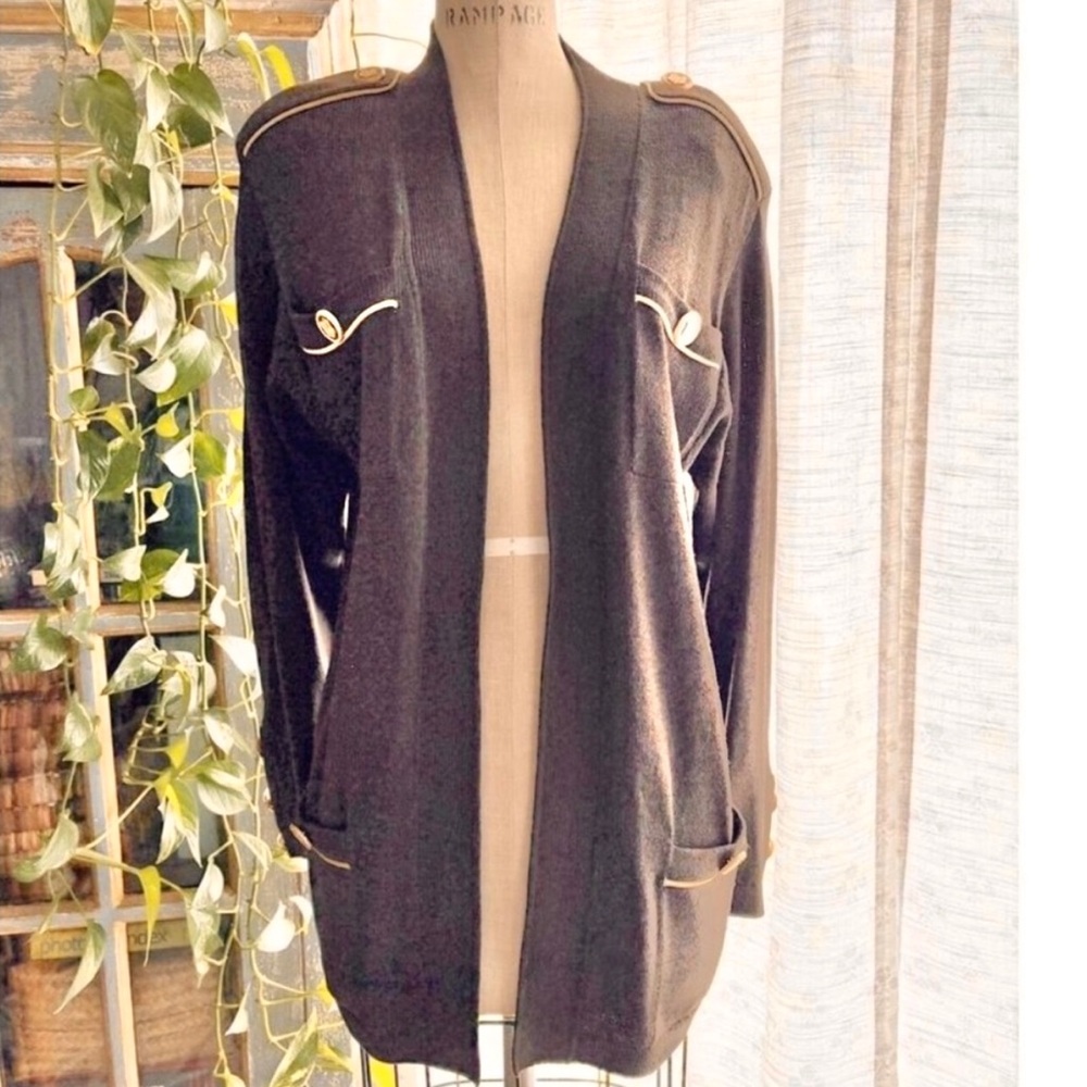 St John Sportswear Marie Gray Knit Cardigan Jacket Long Military Style Brown M